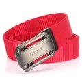 Red nylon tactical belt with matte grey automatic alloy buckle and wolf head logo - Gunmetal Buckle Red