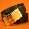Men's olive green nylon belt with brushed gold automatic buckle featuring lion logo - Gold Buckle - Army Green