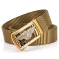 Olive green tactical nylon belt with matte gold automatic buckle and lion engraving - 120cm / Antique Copper Buckle - Wolf Brown