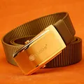 Olive green nylon belt with gold automatic slider buckle featuring lion head engraving - Gold Buckle - Wolf Brown