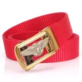 Red nylon woven belt for men featuring a gold-toned automatic buckle with lion emblem - 120cm / Antique Copper Buckle - Red