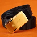 Black nylon belt with gold stainless steel slider buckle and engraved lion logo - Gold Buckle - Royal Blue