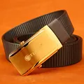 Nylon canvas belt with gold-finished slide buckle featuring TUSHI logo and lion head - Gold Buckle - Dark Gray