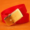 Red nylon woven belt featuring a premium brushed gold automatic slide buckle - Gold Buckle - Red