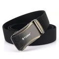 Black braided nylon belt for men with a gun-grey metal automatic buckle on white background - Black