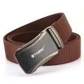 Men's dark brown woven elastic belt with matte grey automatic buckle on white background - Brown