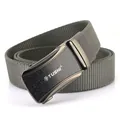 Men's automatic buckle belt with grey-green woven nylon strap and matte metal buckle - Dark Gray