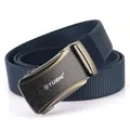 Men's navy blue woven elastic nylon belt featuring a matte grey metal automatic buckle - Sapphire Blue