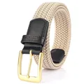 Beigefarbener elastischer Flechtgürtel mit Messingschnalle und Lederbesatz für Herren - 105 / Khaki