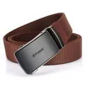 Brown elastic nylon tactical belt with matte grey automatic buckle for men - 120cm / Coffee