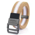 Elastic khaki canvas woven belt with white stripes and a black matte double ring buckle - 110cm / Khaki Purple White