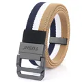 Elastic braided canvas belt for men with tricolor stripes and double ring metal buckle - 110cm / Khaki White Blue