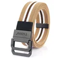 Men's elastic canvas belt with khaki stripes and black double D-ring metal buckle - 110cm / Khaki White Brown
