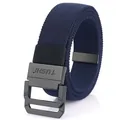 Elastic navy blue woven belt with matte black double D-ring buckle for men's casual wear - 110cm / Sapphire Blue