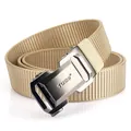 Men's khaki nylon woven tactical belt with metal automatic buckle on white background - Gunmetal Buckle Khaki