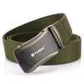 Army green woven nylon stretch belt for men featuring a gunmetal grey automatic buckle - Army Green