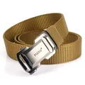 Men's tactical nylon belt with automatic metal buckle in khaki on a white background - Gunmetal Buckle Coyote Brown