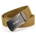 Men's khaki braided elastic nylon belt with grey automatic metal lion head buckle - Coyote Brown