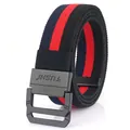 Men's navy and red striped elastic canvas belt with matte black double-ring buckle - 110cm / Black Red Blue