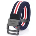 Navy blue, red, and white striped elastic woven belt with black double D-ring buckle - 110cm / Royal Blue White Red