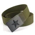 Army green tactical canvas belt with a black frosted metal star buckle on white background - Standard Length / Elastic Army Green