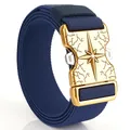 Tactical dark blue woven canvas belt with quick-release gold star buckle on white background - 125cm / Sapphire Blue