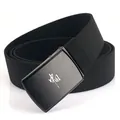 Black canvas belt with brushed dark gray metal buckle and silver character logo - Elastic Black