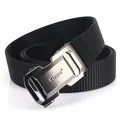 Men's black nylon woven tactical belt with an automatic matte metal buckle and logo - Gunmetal Buckle Black