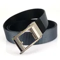 Gray and black striped nylon canvas men's belt with automatic metal buckle on white background - 120cm / Silver Buckle - Black/Royal Blue