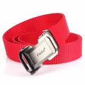 Men's bright red woven nylon belt with silver automatic metal buckle for casual wear - Gunmetal Buckle Red