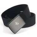 Black canvas military belt for students with brushed metal buckle and Chinese text - Hemmed Black