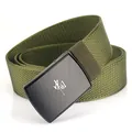 Tactical olive green woven belt with black metal buckle featuring China engraving - Hemmed Army Green