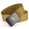 Brown woven canvas tactical belt with black metal buckle featuring China engraving - Hemmed Wolf Brown