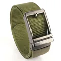 Army green woven stretch belt for men with a metallic automatic buckle and rugged texture - Gun Buckle - Army Green