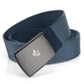 Men's navy blue woven canvas belt with a brushed metal buckle and geometric pattern - Hemmed Royal Blue