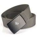 Brown canvas webbing belt with matte black buckle featuring China character design - Hemmed Dark Gray