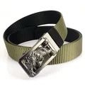 Men's army green woven nylon belt featuring a matte gunmetal tiger relief automatic buckle - 120 / Black/Army Green