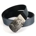 Cintura da uomo in nylon bicolore con fibbia rotante in metallo e rilievo d'aquila retro - 120cm / Nero/Blu Reale