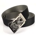 Men's nylon belt with rotating zinc alloy buckle featuring a 3D dragon carving - Dragon Relief Automatic Buckle / Black/Grey