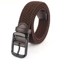Men's dark brown elastic braided belt with black metal pin buckle on white background - 110cm / Brown