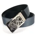 Men's nylon belt with zinc alloy dragon relief automatic buckle in black and grey - Dragon Relief Automatic Buckle / Black/Royal Blue