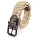 Men's woven stretch belt with khaki canvas texture, leather trim and matte black pin buckle - 110cm / Khaki