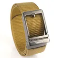 Men's khaki nylon woven sports belt with dark grey metal pin buckle and TUSHI logo - Gun Buckle - Wolf Brown