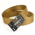 Men's khaki nylon tactical belt with black matte automatic metal buckle and woven texture - Coyote Brown