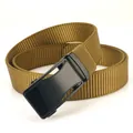 Men's khaki nylon tactical belt with matte black automatic metal buckle on white background - 120cm / Coyote Brown