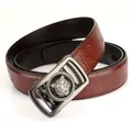 Men's brown ostrich grain leather belt with a golden tiger head automatic buckle - 105 / Brown