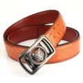 Men's orange ostrich-embossed leather belt with tiger head automatic buckle - 105 / Brown