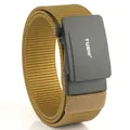 Tactical khaki nylon belt with black automatic metal buckle featuring TUSHI logo - Coyote Brown