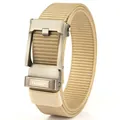Men's tactical khaki nylon web belt with brushed metal automatic buckle and logo - Silver Buckle - Khaki