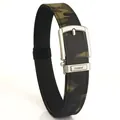 Men's double-layered nylon tactical belt with woodland camouflage pattern and silver buckle - Black Green Camo